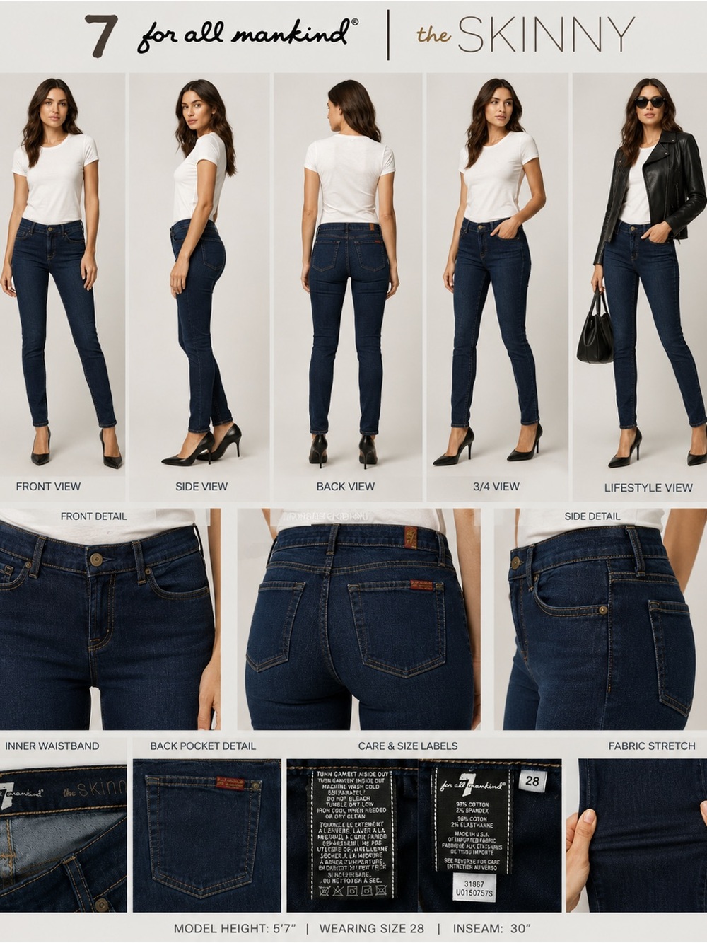 7 For All Mankind The Skinny Jeans Sz 28 Dark Wash Stretch Denim Mid Rise Slim
